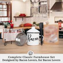 46oz Large Enamel Bacon Grease Container Set With Strainer And Silicone Spatula - Dishwasher Friendly, PVC-Free Kitchen Oil Keeper For Cooking Fat Storage