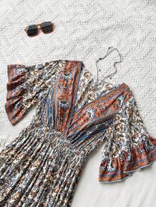 Rusttydustty 音乐节派对女士蓝色花卉交叉V领喇叭袖连衣裙，波西米亚风海滩度假热带夏季优雅连衣裙 - 紅白色 - 查看 5