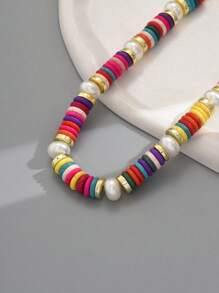 1 pieza Collar de estilo bohemio y resort con trenzado, piedras y perlas para mujeres (color aleatorio)