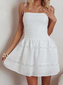 Women's Graduation Slip Dress Sheer Lace Patchwork Sleeveless Tie Spaghetti Strap Backless Mini Dress - White - View 3