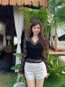 2025新款春季蕾丝V领长袖T恤打底衫女款黑色 - 黑色 - 查看 7