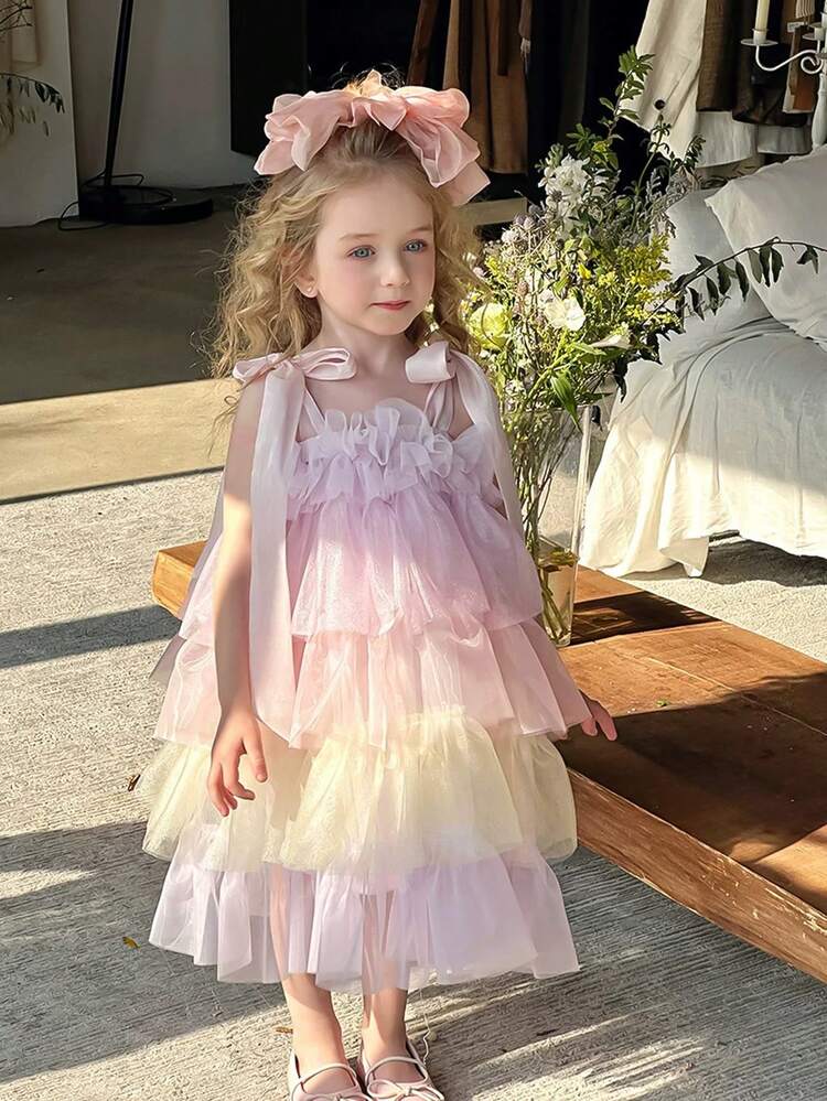 Young Girl Lavender Spaghetti Strap Bow Mesh Graduation Prom Dress, Elegant Princess Ball Gown, Suitable For Girl's Birthday Party, Flower Girl, Wedding, Formal Occasion, Holiday Celebration - Multicolor - View 5