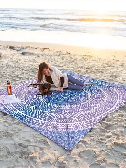 1pc New Spring/Summer Outdoor Boho Style Waterproof Anti-Sand Fashionable Cute Fresh Ombre Floral Digital Printed Pattern, Suitable For Camping, Outdoor Picnic Mat, Beach Towel
