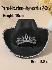 【水钻装饰】女士牛仔帽，涤纶材质，帽冠饰以水钻，人造银线设计，宽帽檐，抽绳束口，适合新娘、婚礼派对、节日和万圣节等场合。 - A - 查看 9