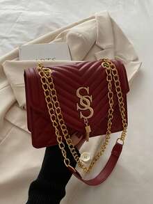 Seam Chain SS Jewelry Square Shoulder Bag Oblique Shoulder Bag - Burgundy - View 8