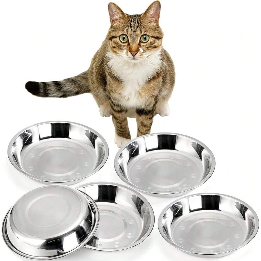 Paquete de 5 tazones de acero inoxidable para gatos, plato de comida y agua de metal de 7,7", cuenco básico de alimentación para mascotas de 16 onzas para gatitos, cachorros, plato de reemplazo ancho y poco profundo para perros, soporte elevado, apto para lavavajillas - 1 - Ver 1