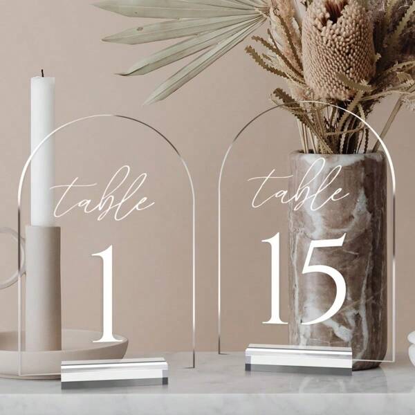 Clear Arch Table Numbers For Wedding, 5x7 Inch Arched Acrylic Table Numbers 1-15 With Acrylic Stands, Clear Acrylic Arch Tabletop Sign With Holder For Centerpiece, Reception, Wedding, Party, Summer Birthday Gifts Beach Back To School School Supplies Room Decor