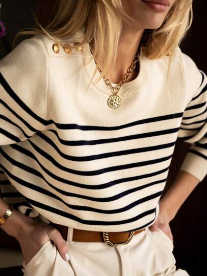 Women's Cream White Knit Crew Neck Long Sleeve Pullover, Decorated With Buttons On Shoulders, Simple Classic Casual Style, Suitable For Daily Wear, Autumn/Winter Sweater