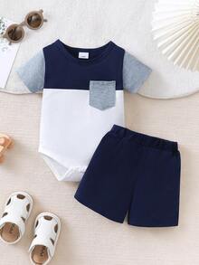 夏季婴幼儿男童休闲圆领拼接连体衣套装