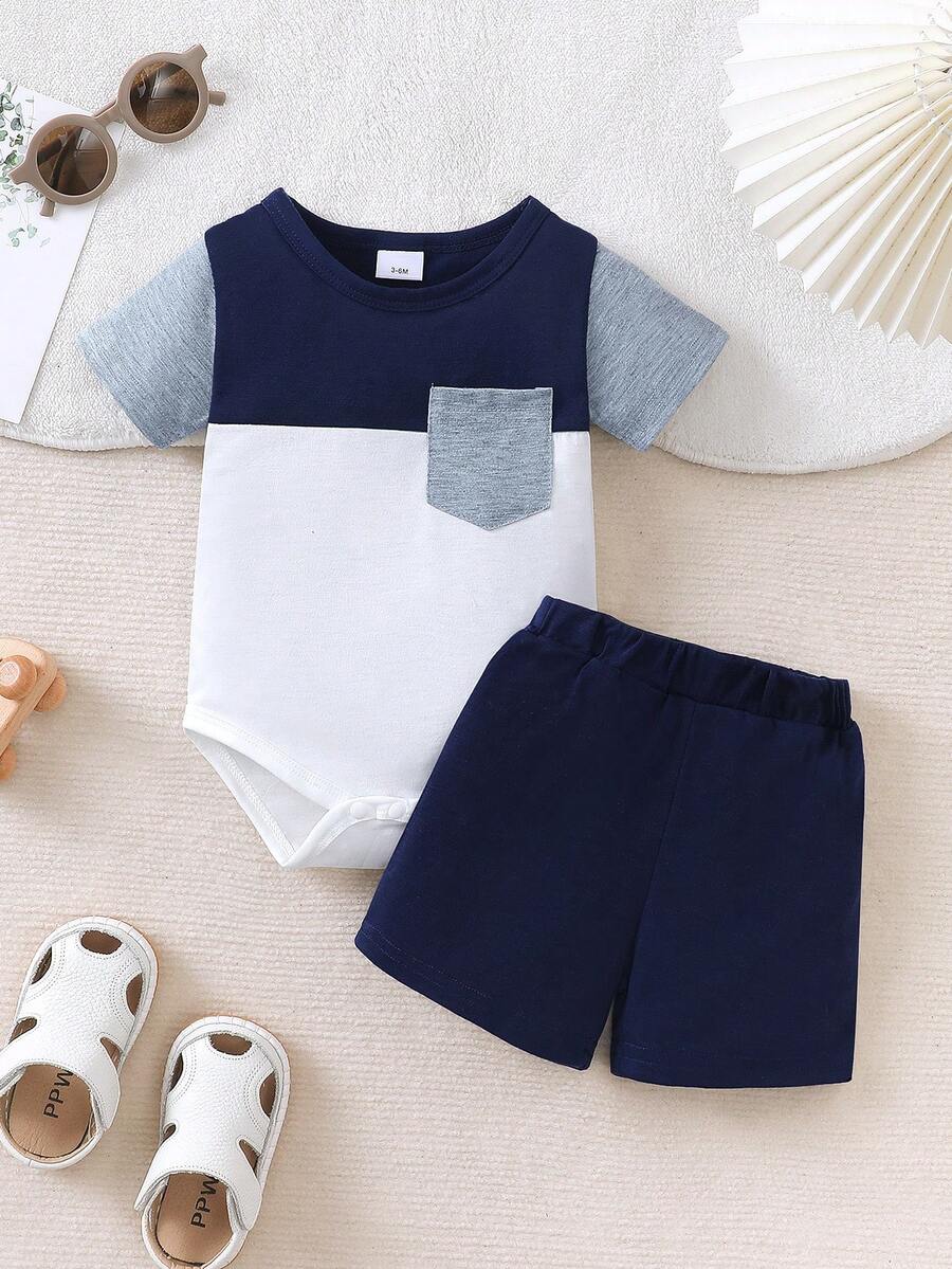 夏季婴幼儿男童休闲圆领拼接连体衣套装