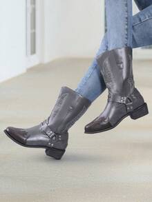 Elegante señoras retro PU grueso fondo botas a media pantorrilla, estilo universitario antideslizante resistente al desgaste botas de las mujeres casuales, de moda y versátil partido botas de las mujeres occidentales, adecuado para todos los días, de fiesta, tenis, béisbol, deportes, ropa de viaje - Gris Oscuro - Ver 6