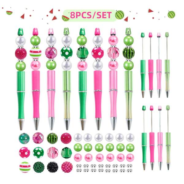 8PCS Spring & Summer Watermelon Fruit Theme DIY Beaded Ballpoint Pens, With 20mm & 16mm Acrylic Shiny Beads (Watermelon Rind, Seed, Polka Dot Beads Included), Great As Gifts For Friends, Party Supplies Or Office/School Supplies