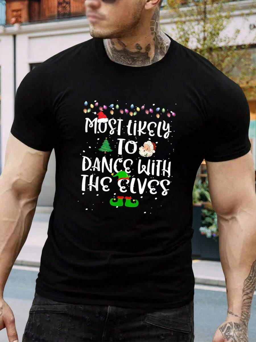 Camisetas de Navidad con divertido baile de elfo - Camisetas a juego para familia para Navidad para hombres y mujeres - Manga corta negra S-XXXL - Negro - Ver 1