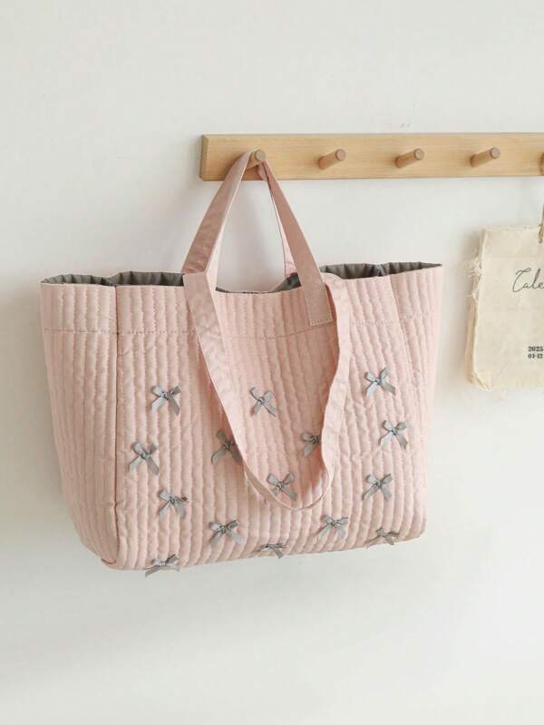 حقيبة حفاضات كبيرة السعة للأم/ الطفل من القطن المغسول ذات التصميم العمودي المخطط الأزرق والأبيض، متوفرة بحجمين صغير وكبير