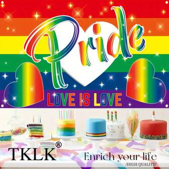 TKLK 149.86cm X 88.9cm "Love Is Love" Banner - Vibrant Rainbow Heart Design, Polyester Material, Suitable For Indoor & Outdoor Decor, Perfect For Events & Celebrations, Yard Decoration | Festive Atmosphere | Fade-Resistant Fabric Tapestry Room Decor Flag Birthday Decorations Party Decorations