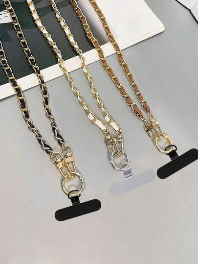 1pc PU Leather & Metal Chain Phone Lanyard With Stainless Steel Spacer