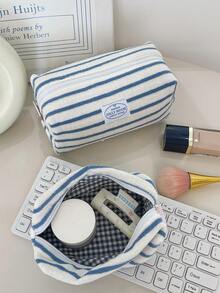 1Pc/Set Ins Style Plush Stripe Large Capacity Cosmetic Storage Bag, Fashionable Portable Makeup Bag, Girls Travel Make Up Bag ,Multi-Functional Storage Bag For Lipstick, Sanitary Napkin, Coins, Keys,Hair Clips ,Scrunchie Etc, Large Capacity Lovely Wash Bag For Travel Organizer Cosmetic Bag For Travel, Mother's Day Gift ,Back To School Gift ,New Year Gift - Multicolor - View 3