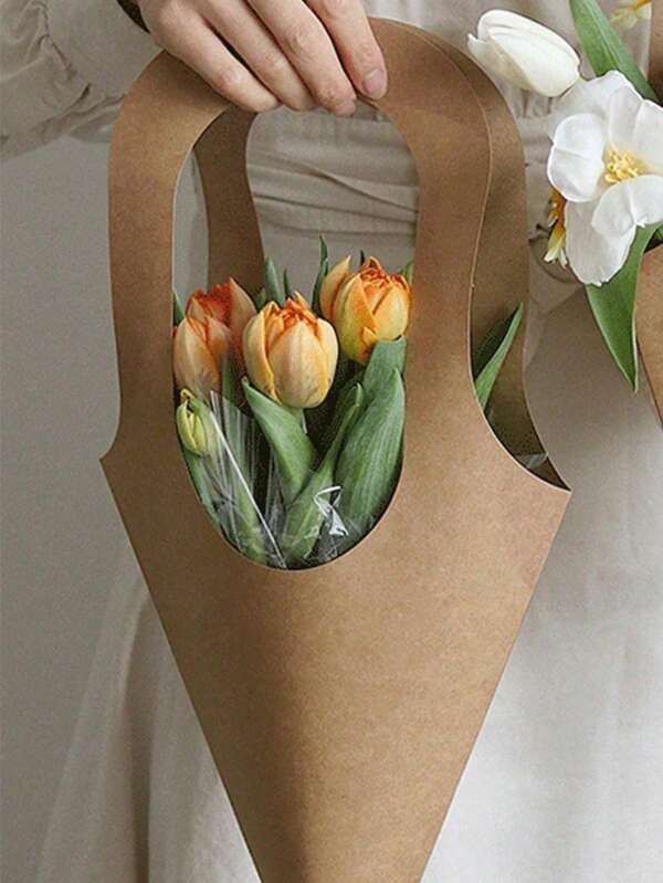 1/5/10Pcs Handheld Bouquet Bags Portable Kraft Gift Bags Wedding Flower Gift Bags Flower Girl Baskets, Accompaniment Packaging Bags