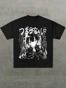 Anime Girl With Japanese Text Graphic Black T - Shirt