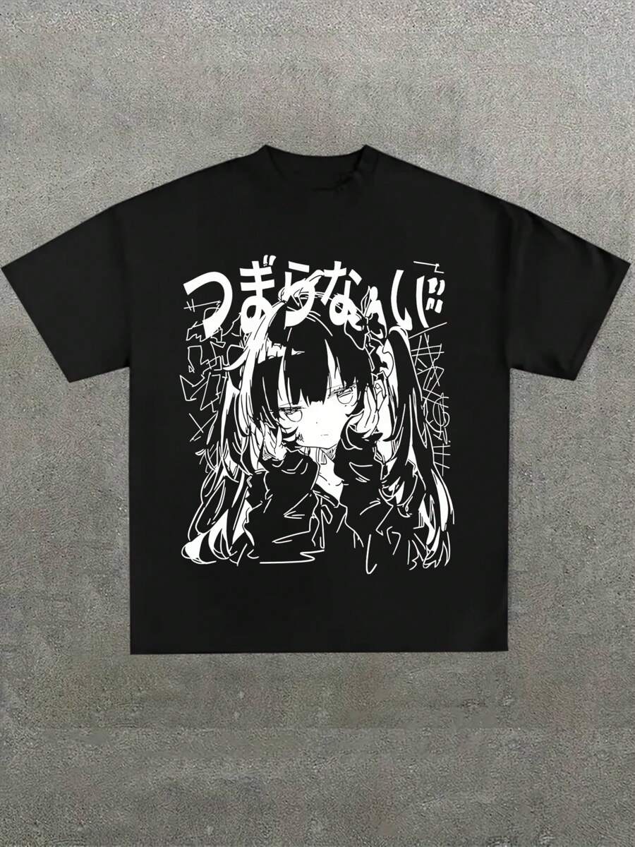 Anime Girl With Japanese Text Graphic Black T - Shirt