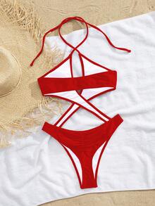 Traje de baño de una pieza con escote halter y espalda cruzada sexy, estilo europeo moderno para mujeres