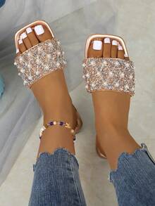 Sandalias de mujer tipo mula planas, decoradas con perlas y rhinestones, diseño de punta cuadrada, cómodas de slip-on, en múltiples colores, apropiadas para looks con estilo - Oro rosa - Ver 6