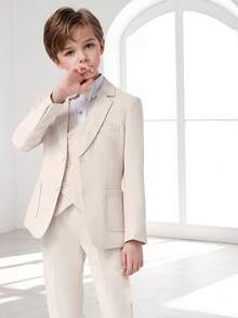 4pcs Young Boy Formal Suit Set: Single-Breasted Jacket, Vest, Pants, And Necktie - Beige - View 5