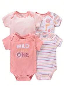 Set 4 Pañaleros Algodón Manga Corta Mamelucos Ropa De Bebés - Rosa - Ver 1