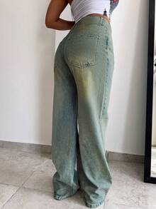 Women's Ombre Color Button Pocket Zipper Wide Leg Loose Fit Jeans - Light Wash - View 6