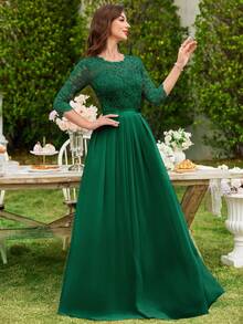 MIUSOL Floral Lace Chiffon Ruffle Hem Maxi Dress, Elegant Ladies Gown, Formal Dress, Suitable For Wedding Guest, Graduation Ceremony, Gala Dinner And Other Occasions - Dark Green - View 7