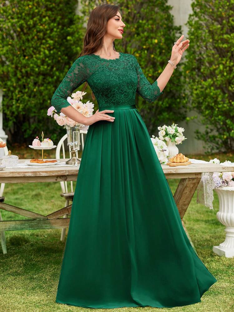 Emerald Prom Formal Dress Miusol Green Dress MIUSOL Floral Lace Chiffon  Ruffle Hem Maxi Dress, Elegant