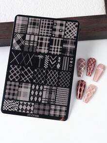 3D可爱钻石网格美甲印花板条纹美甲印花板几何图形印花美甲模板转印模具美甲工具