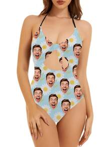 1 pieza Traje de baño de una sola pieza con estampado personalizado de rostro para mujer, diseño sexy y de moda con abertura y lazo, sin mangas, para piscina, playa, vacaciones, chica, mejor regalo para novia/esposa, elegante, de moda, hipster, casual, minimalista, personalizado, único, disfraces de hombre, guardarropa cápsula, estilo básico/urbano para hombres, regalos ideales para él, novio, familia, amigos, para cumpleaños, para vacaciones/días festivos, para escuela/competencia, para deportes/escalada