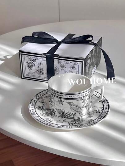 1 Set Exquisite Vintage Black & White Floral Coffee Cup & Saucer, Elegant Luxury French Style