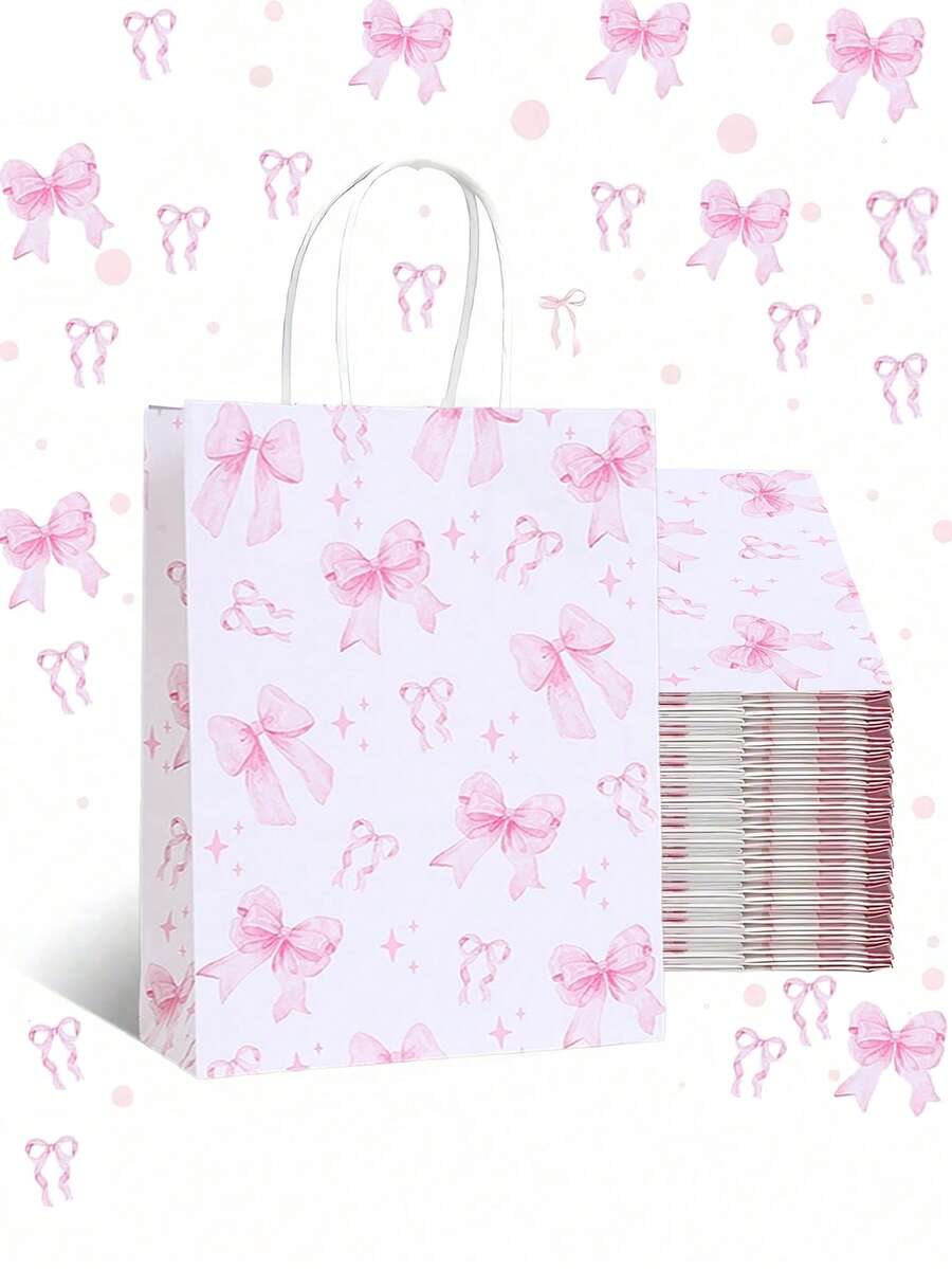 12个粉色蝴蝶结纸质礼品袋，适用于女士生日、圣诞派对回礼、糖果袋（带提手）、婚礼装饰、派对用品、万圣节糖果袋、感恩节回礼袋、秋季装饰、圣诞礼物袋、圣诞包装纸、圣诞礼品袋、派对袋、单身派对袋
