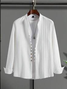 Men's Casual Shirt, Button Front, Slim Fit, Polyester Blend, Stand Collar, Machine Washable, Ideal For Spring And Fall, Lightweight Cardigan - 查看 2