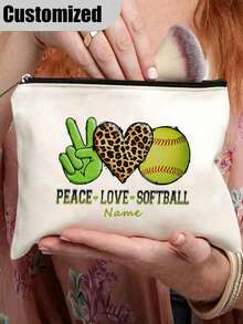 1 pieza "Paz Amor Softbol" Estuche organizador con cremallera - Gesto de mano verde, corazón de leopardo, diseño de béisbol - Bolsa de maquillaje de poliéster ligera con cierre de cremallera - Ideal para viajes, regalos de fiesta y almacenamiento de cosméticos, accesorios de softbol | Accesorio alegre | Cierre con cremallera, bolsas de softbol - Multicolor - Ver 2