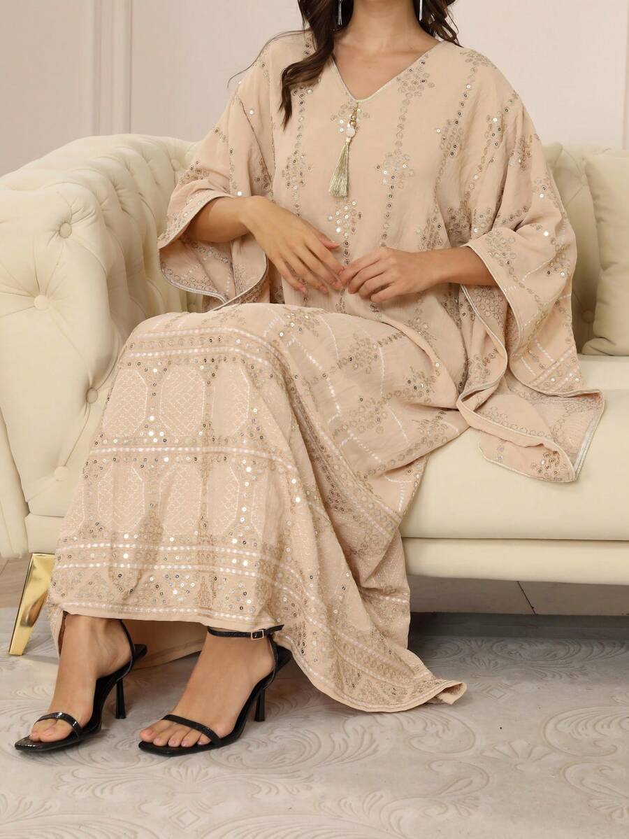 2026 Nowy styl Ramadan Tradycyjna Elegancka Haftowana Koralikami Złoty Kwiatowy Sukienka Jalabia z Dekoltem w Serek I Frędzlami Dla Kobiet