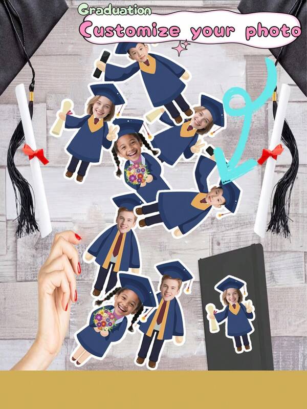 Customized Graduation Stickers, Personalized Photo Insertion, Funny Graduation Hat And Robe Design, Suitable For Graduation Hats, Gifts, Party Gifts, And Celebration Decoration