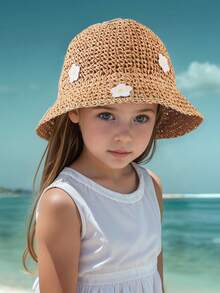 1 件装女孩夏季沙滩遮阳帽，草编宽边度假遮阳帽 - 卡其色 - 查看 1