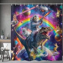 New Fowocu Funny Cat Dinosaur Shower Curtain Fun Cool Colorful Space Cats Shower Curtains For Bathroom Fantasy Galaxy Universe Anime Kids Waterproof Fabric Bath Curtain Dr 72 X 72 Inch - 紫色 72 英吋寬 x 72 英吋長(1 包) - 查看 5