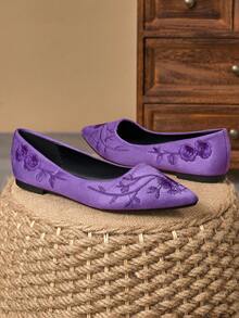 WHDXY 1 Pair Women's New Chinese Style Embroidered Flats, Comfortable Office Work Shoes, Non-Slip Soft Bottom Leather Shoes, Suitable For Flight Attendant, Professional Wear - Màu tím - Xem 4