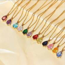 18K Gold Plated December Birthstone 7-Color Pear Zirconia Copper Pendant + Stainless Steel Gold Necklace, Christmas, Birthday, Valentine's Day Gift
