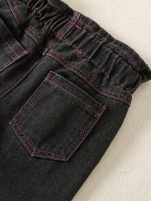 New Baby Girls Asymmetrical Heart Embroidered Casual Daily Wear Jeans - Black - View 9