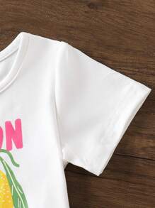 Set de 2 piezas de blusa con gráfico de limón y shorts a rayas para niñas bebé, uso casual de verano diario