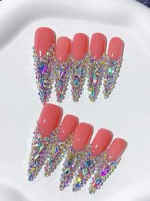 10pcs Y2K Extra Long Nude Luxury Diamond Stiletto French Handmade Nails; Improve Temperament; Homemade Nails DIY Press On Nails Nail Art Acrylic False Nails; Suitable For Holiday, Parties, Daily Wear; Includes 1Sheet Jelly Glue & 1pc Mini File - Multicolor - View 3