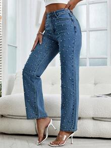 Distressed Pearl Embellished Straight-Leg Jeans - Rửa tối - Xem 4