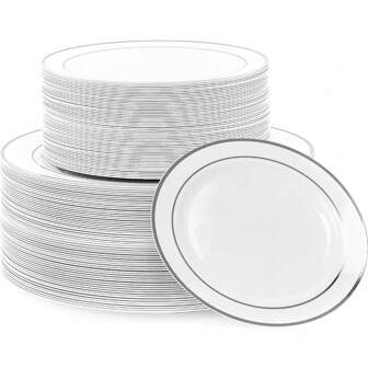 White With Silver Edge Dinner Plates, High-End Dinnerware With White And Silver Decoration,Suitable For Home, Restaurant, Wedding, Friends Gatherings, Birthday Parties, Etc. Washable And Reusable