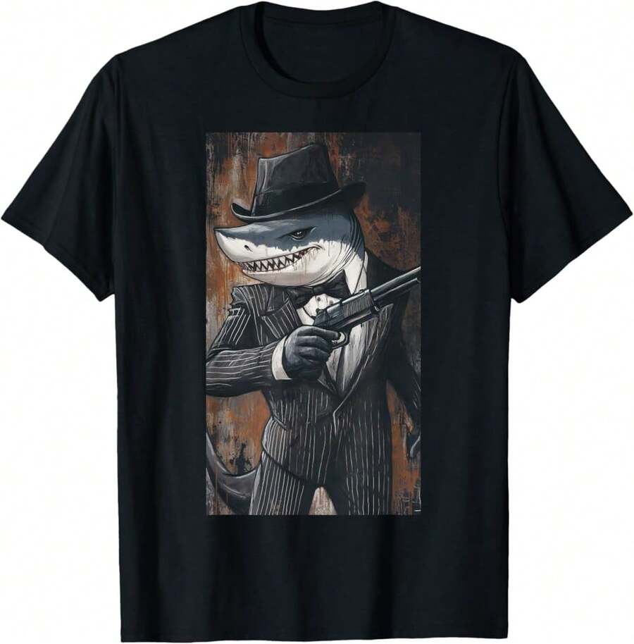 Gangster Shark Wearing Pinste Suit Shark Art T-Shirt_SP Gifts For Wife - Black - View 1