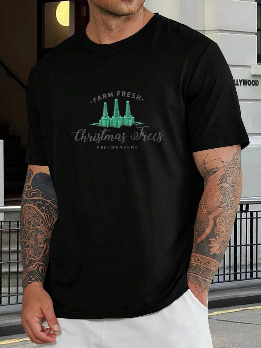 Camiseta navideña de granja para hombre - Camiseta navideña de pino, abeto y abeto - Camiseta informal de algodón suave con estampado gráfico - El mejor regalo navideño para el marido y el padre - Negro - Ver 1